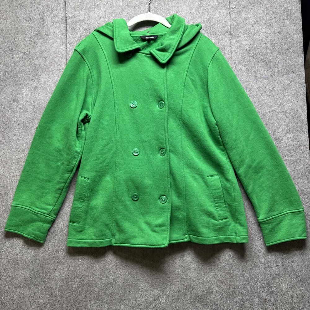 J Peterman Jacket Women's Large Kelly Green Double Breasted Hooded Preppy